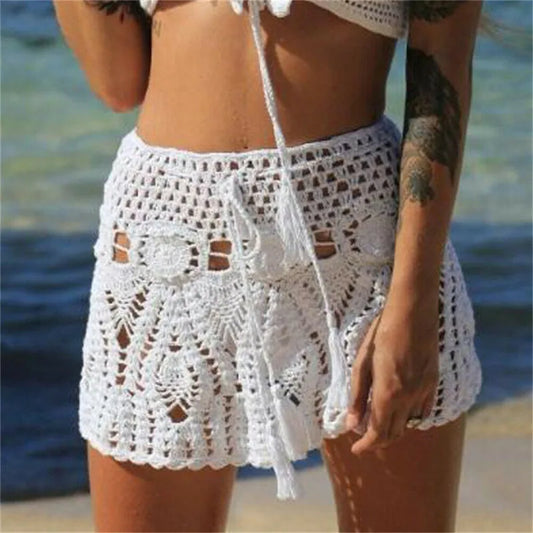 Candy Color Handmade Cotton Knitted Crochet Mini Skirts Women Summer Hollow Out High Waist Beach Skirt White Bottoms 2020