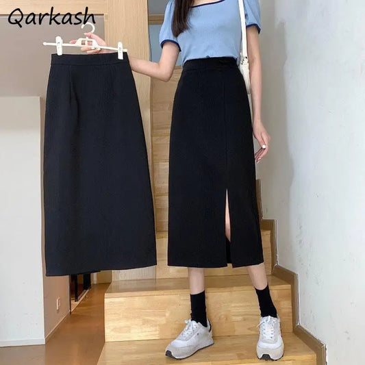 Skirts Women Slim Office-look Elegant Solid Fashion Streetwear All-match Femme Side-slit Design Chic Simple Summer Daily Faldas