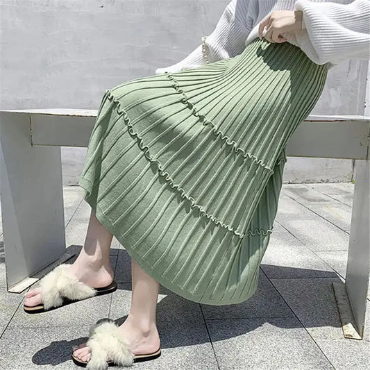 Thick Knit Skirt Women&#39;S Autumn Winter Wild Mid-Length Ruffle Pleated Skirt 2021 Korean Fenale High Waist Solid Color Wool Skirt